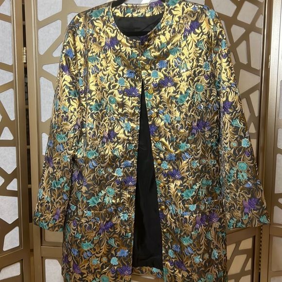 VTG Vintage Tapestry Foil HOLIDAY Button Long Sleeve Jacket Blazer Versace Vibe - Picture 3 of 12